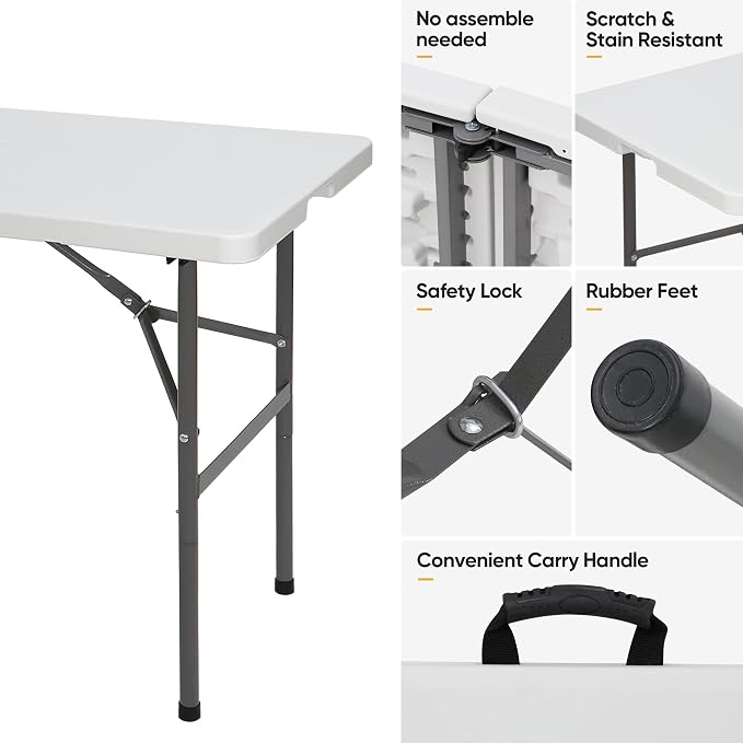 JupiterForce 4ft Folding Table, Indoor Outdoor Portable Plastic Picnic Table, Heavy Duty Rectangular Party Camping Dining Table with Carrying Handle, White