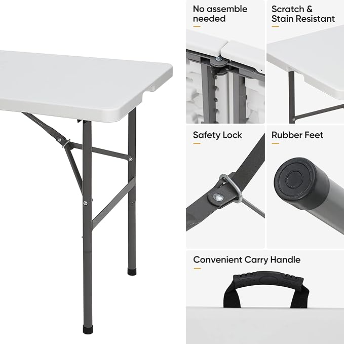 SUPER DEAL Portable 4 Foot Plastic Folding Table, Small Indoor Outdoor Heavy Duty Fold-in-Half Picnic Party Camping Barbecues Table with Carrying Handle, White