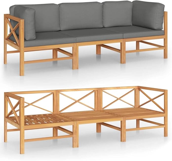 3-Seater Patio Sofa with Gray Cushions,Patio Lounge Set,Patio Furniture Sets,Patio Conversation Sets,Outdoor Furniture Sets,for Garden,Backyard,Outdoor,Solid Teak Wood