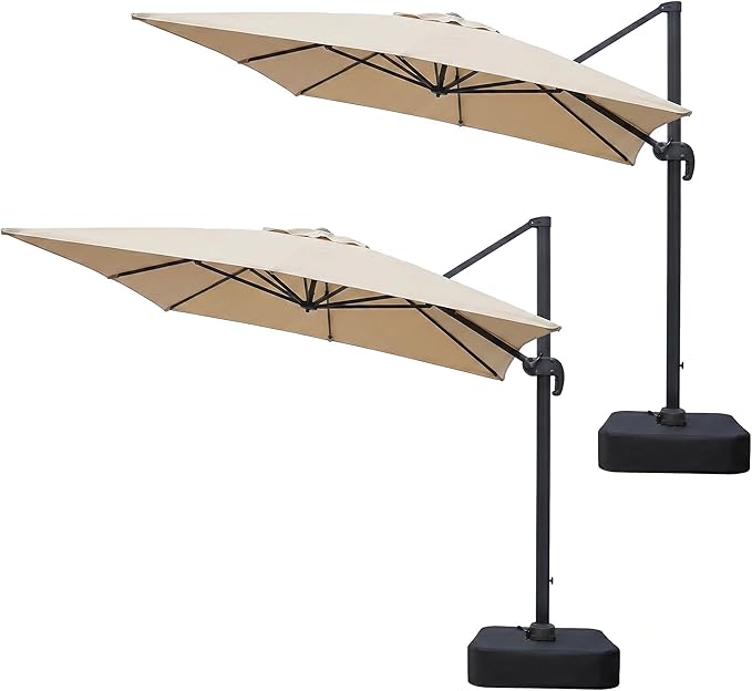 Olilawn 2 Pack 9' X 12' Patio Umbrella with Base Included, Large Outdoor Cantilever Offset Patio Umbrellas Rectangular Aluminum Umbrella with 360-degree Rotation & Infinite Tilt Adjustment for Poolside Luxury, Hosting, Backyard BBQ,Beige