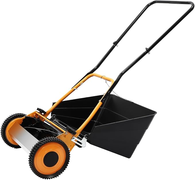 Reel Lawn Mower, 16-Inch Push Lawn Mower w/Grass Collecting Box, Manual Lawn Mower Adjustable Cutting Height Lawnmower, Walk-Behind Lawn Mowers
