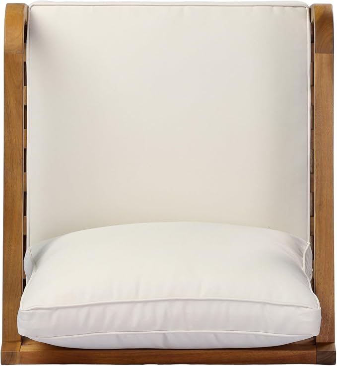 Merax Outdoor Acacia Wood Armchair with Elegant Cross Back Design, Deep Seating Patio Lounge Chair with Removable Soft Cushion for Porch, Garden, Backyard, Balcony, Teak & Beige