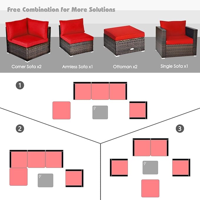 HAPPYGRILL 6PCS Patio Conversation Set Outdoor Furniture Set Rattan Wicker Sectional Sofa Set with Soft Cushions Coffee Table Ottoman for Backyard Garden Poolside
