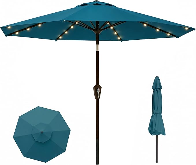 11FT Solar Lighted Patio Umbrella, Outdoor Table Market Umbrellas with Crank Lift, 32 LED Lights, 8 Sturdy Ribs, UV-Resistant for Deck, Garden, Pool