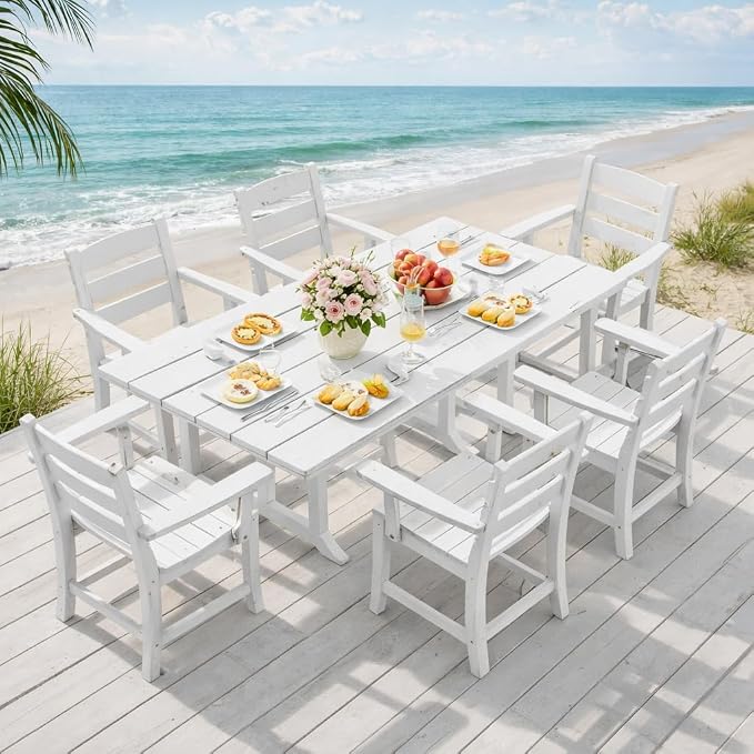 DWVO 8 Pcs HDPE Patio Dining Set with 13ft Umbrella, All-Weather White Outdoor Table and Chairs for 6, Heavy Duty Rectangle Pool Deck Furniture for Lawn, UV Resistant Outdoor Dining Set for Backyard