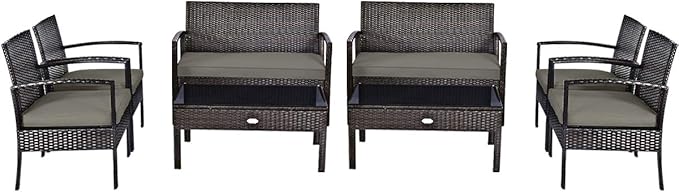 Tangkula 8-PCS Wicker Patio Conversation Furniture Set, Outdoor Rattan Chair and Table Set, Patio Furniture Sets with Coffee Table & Washable Cushions for Courtyard Balcony Garden (2, Brown)