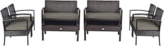 Tangkula 8-PCS Wicker Patio Conversation Furniture Set, Outdoor Rattan Chair and Table Set, Patio Furniture Sets with Coffee Table & Washable Cushions for Courtyard Balcony Garden (2, Brown)