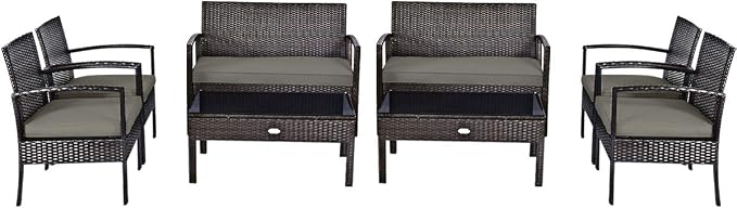 Outdoor Conversation Set 8 Pieces Patio Furniture, Wicker Patio Chair Sofa Set with Water-Resistant Dark-Brown Cushion & Tempered Glass Table for Backyard, Balcony, Porch(Brown)