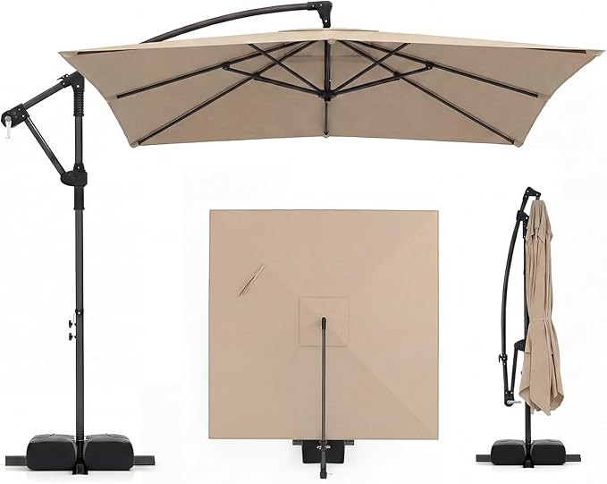 Tangkula 8x8 FT Patio Umbrella with Base Included, Square Offset Cantilever Outdoor Umbrella with 360 Degree Rotation, Crank Handle, Sandbags, 8 Ribs for Pool Deck Garden Backyard