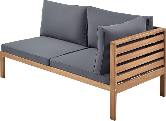 L-Shaped Wood Structure Patio Outdoor Sofa Set with Coffee Table and Cushion, Water Resistant Acacia Wood Sofa for Patio, Lawn, Yard, Pool or Backyard, Gray Cushion