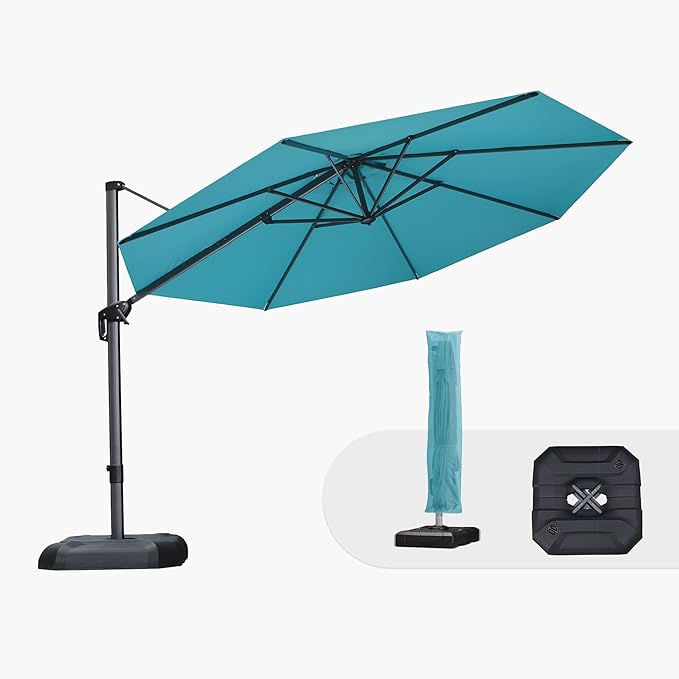 PURPLE LEAF 11 Feet Patio Umbrella with Base and Cover Round Outdoor Cantilever Umbrella Aluminum Offset Umbrella with 360-degree Rotation for Garden Deck Pool Patio Turquoise Blue