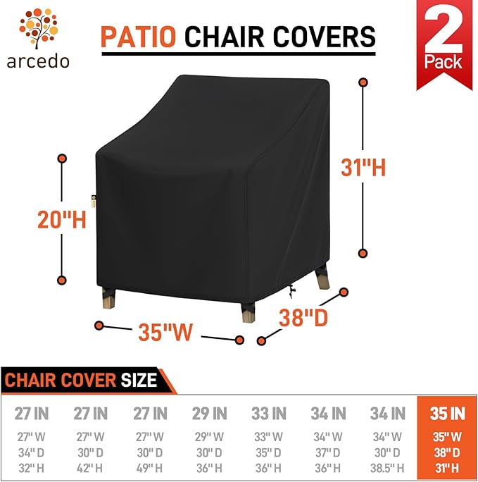 Arcedo Outdoor Chair Covers Waterproof 2 Pack, Patio Lawn Arm Lounge Chair Cover for Outdoor Furniture All Weather Protection - 35" W x 38" D x 31" H, Black