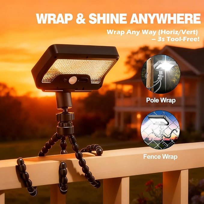 Solar Lights,Outdoor Solar Motion-Activated Light with Flexible Octopus Tripod 360° Can be Wrapped Around Tree Trunks,Dual Charging,Outdoor Sercurity Lights for Deck Fence, Garden (Black)