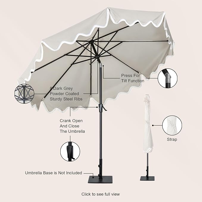 Tempera 9FT Scalloped Tassel Patio Umbrella, Outdoor Market Umbrellas with 8 Sturdy Ribs with Crank & Pust Button Tilt,Fade Resistant Canopy