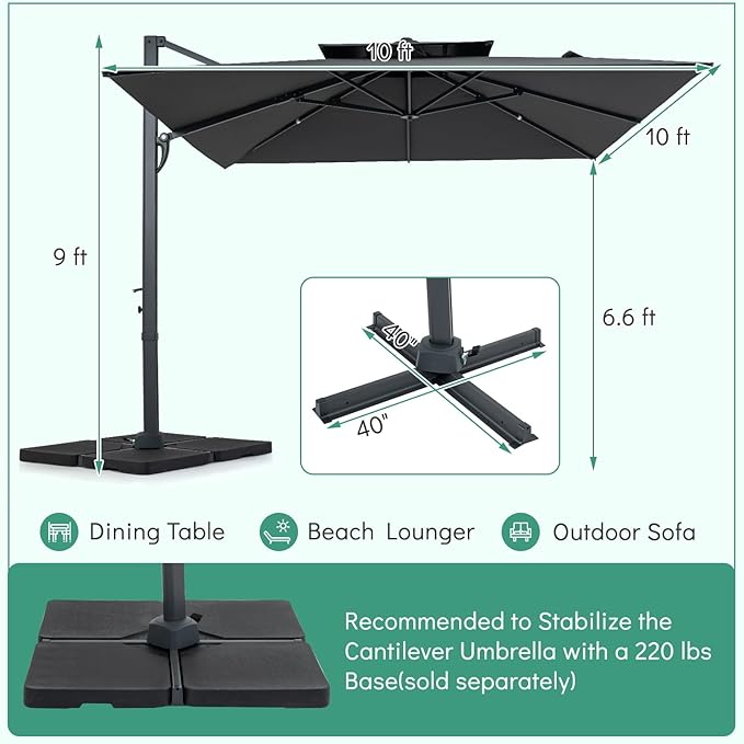 Tangkula 10 FT Patio Cantilever Umbrella, Large Square Offset Hanging Umbrella w/ 360° Rotation, 8 Sturdy Ribs, Air Vent & Cross Base, Heavy-Duty Outdoor Sun Shade for Backyard Pool Garden Deck, Grey
