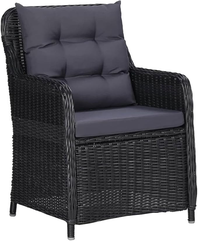 Afuera Living 7-Piece Patio Dining Set, Black Powder-Coated Steel Frame, Acacia Wood Tabletop, Poly Rattan Chairs with Removable Weather-Resistant Cushions, Comfortable Outdoor Garden Terrace