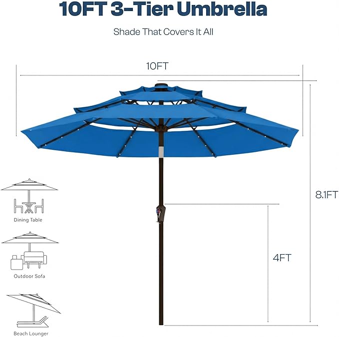 10ft 3-Tier Patio Umbrella with 32 Solar Powered LED Lights, Windproof Outdoor Market Umbrella for Deck, Poolside & Garden, Sturdy Push-Button Tilt Table Umbrella, Royal Blue