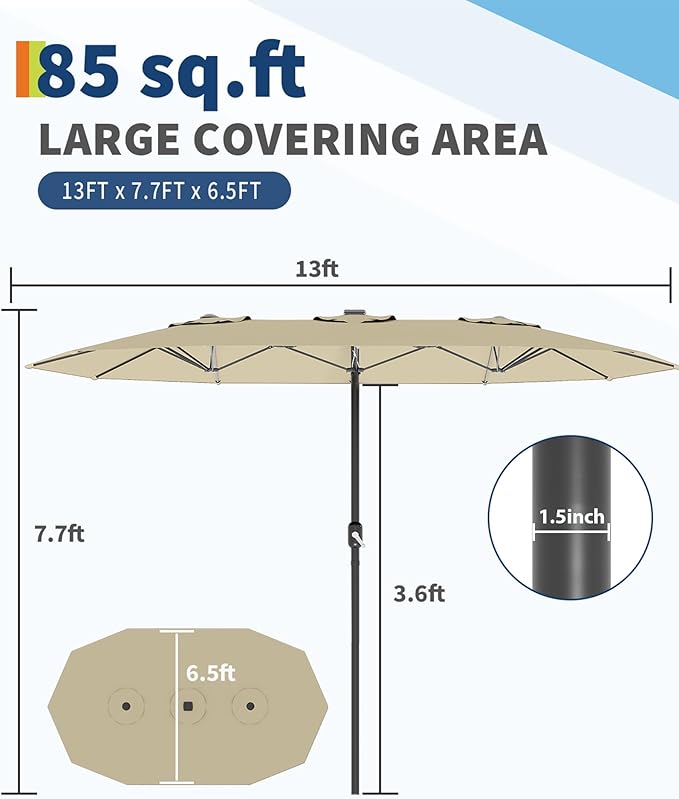 GarveeLife 13 ft large patio umbrella, Double-Sided outdoor umbrellas with Fade Resistant Canopy for Deck Pool Garden Backyard (Beige, 13 ft)
