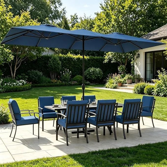 ALAULM 9-Piece Patio Dining Set with 14FT Patio Umbrella,Outdoor Dining Set with 8 Metal Chairs & Rectangle Table with1.5 Umbrella Hole, Patio Dining Table and Chairs for Backyard,Poolsid-DarkBlue