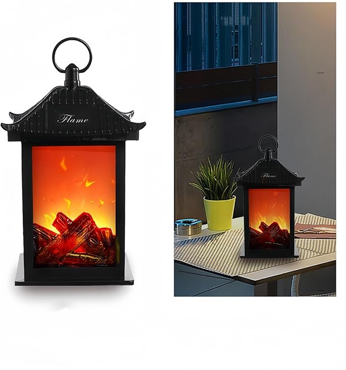 Simulated LED Fireplace Lantern Battery Powered Flameless Light with Simulation Flame Table Decorative Lamp Mini Fireplace Ornament for Cozy Home Decor Free Standing Electric Log Burner