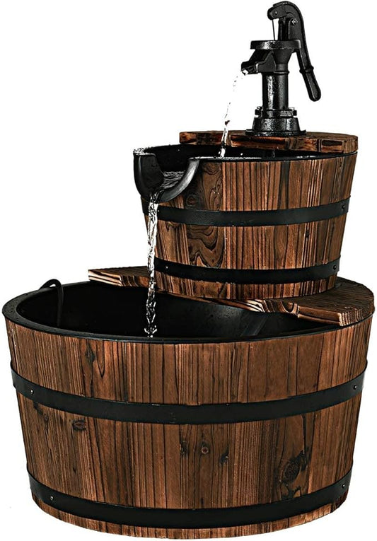 S AFSTAR 2-Tier Barrel Water Fountain Outdoor, Rustic Cascade Fountains with Hand Pump & Adjustable Water Flow, Freestanding Fountains for Garden Patio Backyard Porch Decor