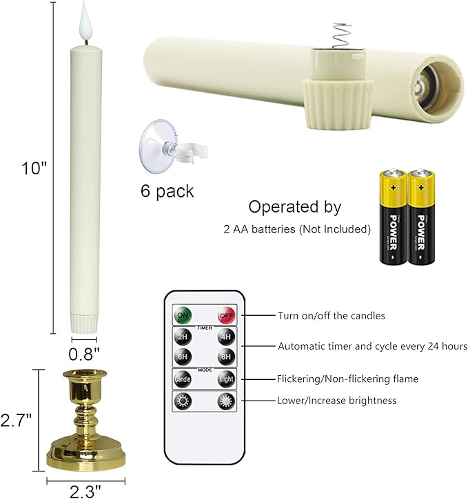DRomance Christmas Flameless Window Taper Candles with 10-Key Remote and Timer, Battery Operated Real Flame Effect Realistic 3D Wick, 6 Pack Gold Holders and Suction Cups Included