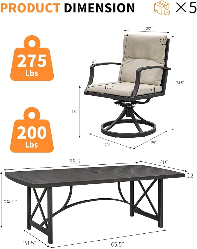 9 Pieces Patio Dining Set for 8, Never Rusts Aluminum Outdoor Swivel Dining Set, Outdoor Dining Set with Cushions, Patio Table and Chairs Furniture Sets for Deck, Garden, Yard, Gunmetal