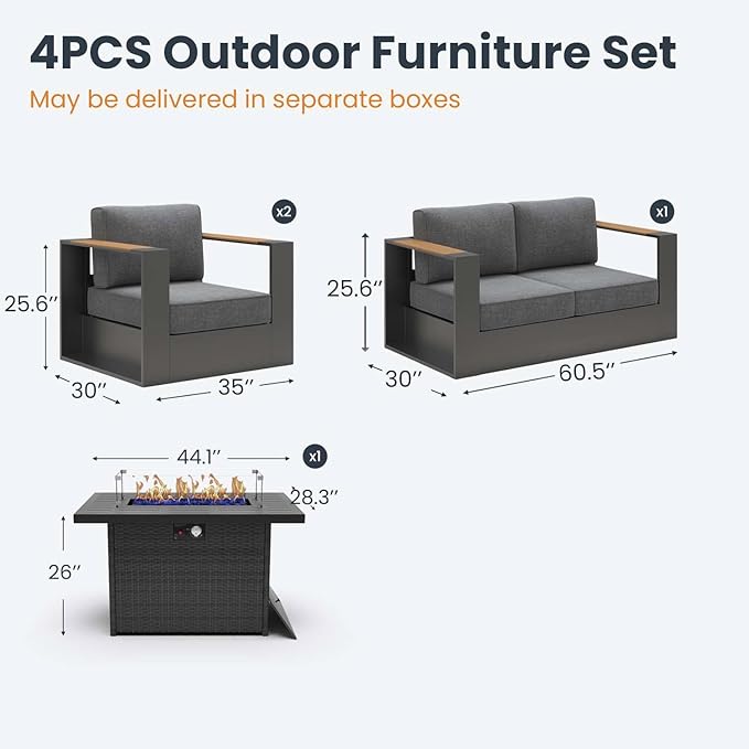 Aluminum Patio Furniture Set, 4 Seats Luxury Seating Furniture with 44" Fire Pit Table, All Weather Outdoor Conversation Sets with 6" Thickened Cushions
