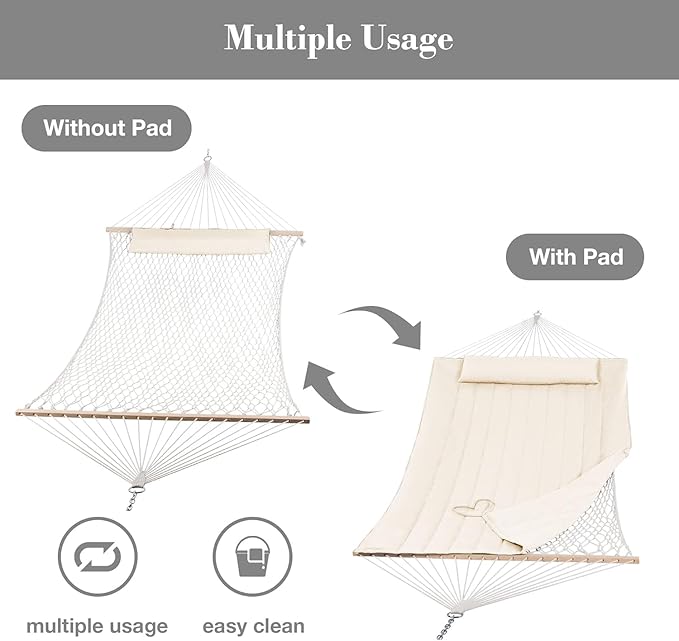 Double Hammock with Stand for Outside, Rope Hammocks with Polyester Pad 2 Person, 12ft Heavy Duty Stand, Extra Pillow, Storage Sidebag, Max 475 lbs Capacity (Beige)