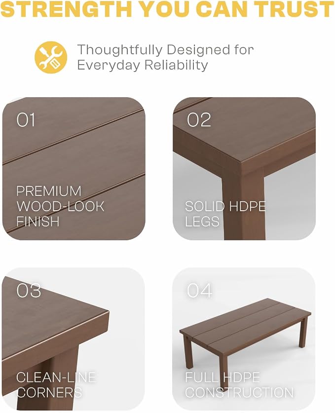HDPE Outdoor Coffee Table, Weather-Resistant Rectangle Patio Coffee Table with Large Tabletop for Balcony, Deck, Garden, Poolside (Brown)