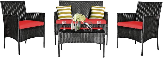 Tangkula 4 Piece Patio Furniture Set, Outdoor Wicker Conversation Set with Tempered Glass Coffee Table, Rattan Loveseat & Chairs Set with Seat Cushions for Backyard, Garden, Poolside (1, Red)
