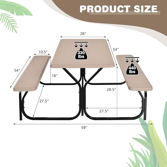 Tangkula Picnic Table Bench Set, Outdoor Picnic Table with 2 Benches, Metal Camping Table with Plastic Wood-Like Texture Tabletop & Steel Frame, Ideal for Picnic, Party, Garden, Lawn (Brown)