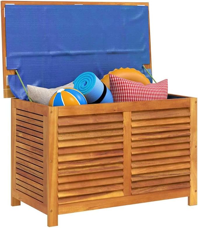 Outdoor Storage Box with Louvered Lid 35.4x19.7x22 Inches, Solid Acacia Wood Garden Furniture Cushion Organizer, Water-Resistant Patio Deck Box for Pillows Blankets Pool Accessories