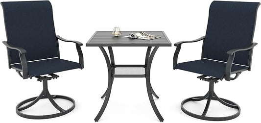 Anmutig 3 Piece Small Patio Dining Set, Outdoor 27.5" Square Table with 2 Navy Blue Textilene Swivel Chairs - Retro Armrest Style1