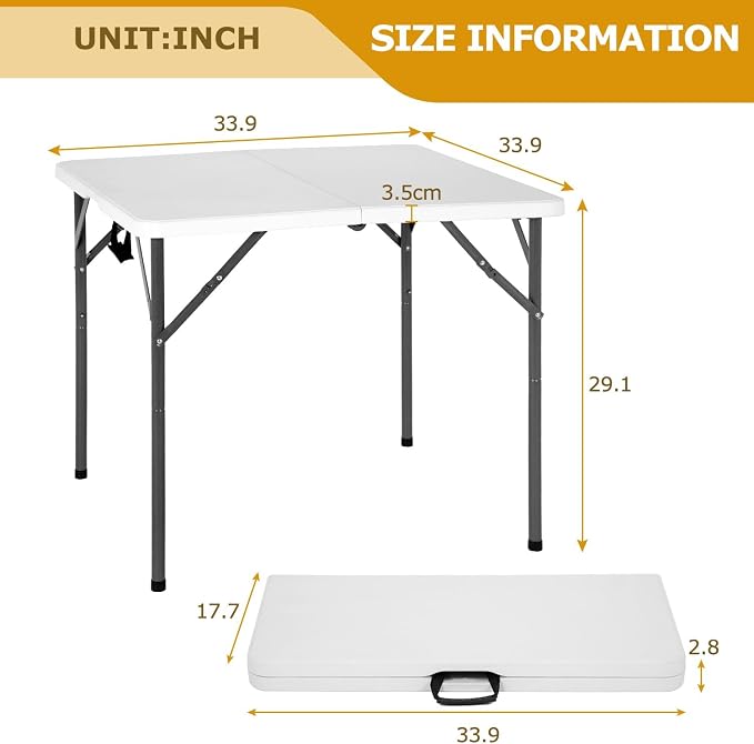 34" Folding Card Table, Heavy Duty Plastic Square Table - Portable Fold-in-Half w/Handle & Lock for Camping, BBQ, Party, Events