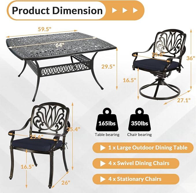 9 Piece Outdoor Patio Dining Set for 8, Cast Aluminium Large Square Dining Table & 4 Swivel Rocker Chairs, 4 Stationary, 8 Cushions, Umbrella Hole, Patio Furniture Set for Garden, Navy Blue