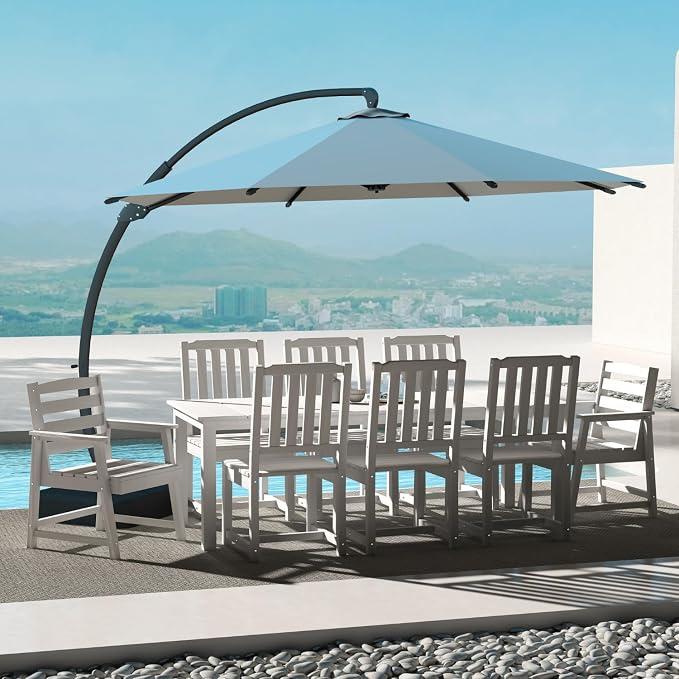 9-Piece HDPE Patio Dining Set for 8, 75.2" Table,White | HDPE material, umbrella hole design, weather-resistant patio furniture, perfect for yard, lawn, garden, balcony, deck
