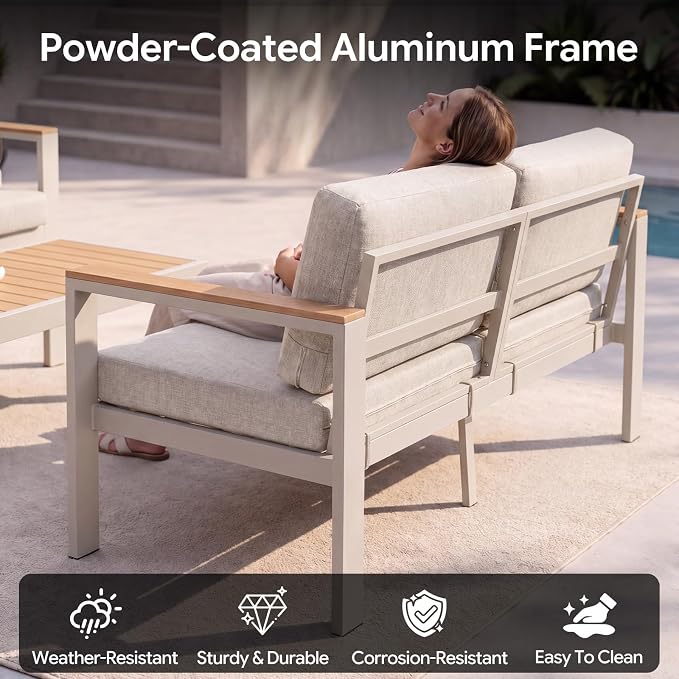 Aluminum Outdoor Patio Furniture Loveseat, All-Weather 2-Seat Patio Sofa with Rust-Resistant Frame and Water-Resistant Easy-Clean Cushions for Porch, Deck, Backyard, Beige