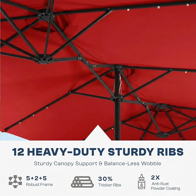 15FT Large Outdoor Patio Umbrella with Solar Lights and Base, Double-Sided Table Umbrellas with 48 LED Lights, Rectangle Market Umbrella for Pool, Deck, Backyard