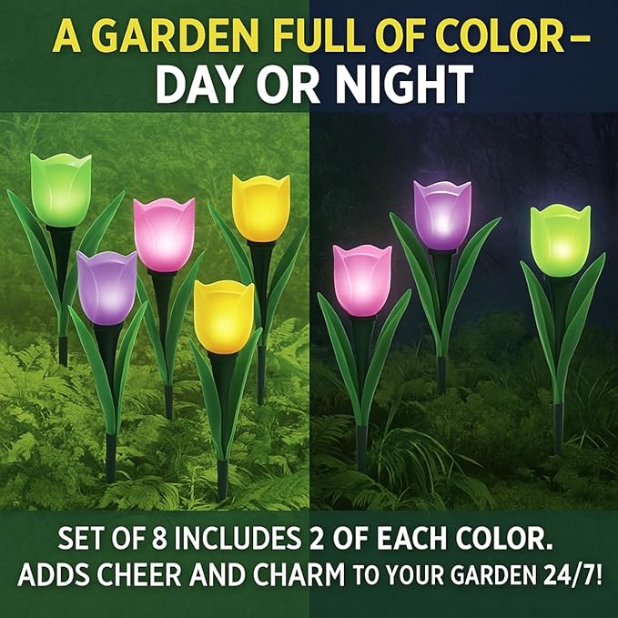 SkyMall Decorative Tulip Stake Lights – Set of 8 Battery-Powered Yard Lights – Garden Pathway LED Flowers in Pink, Purple, Yellow & Green – Outdoor Accent Lighting, 12” Tall, AAA Batteries Required