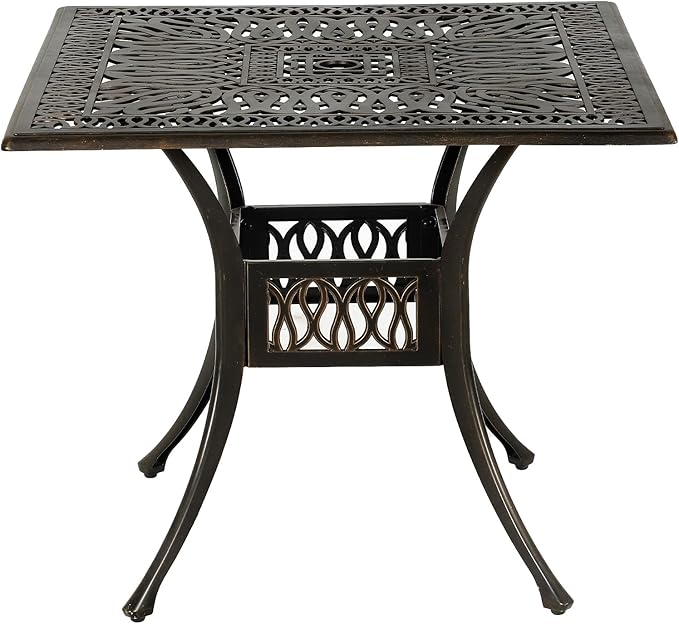 Grepatio 35.4" Square Cast Aluminum Dining Table, Compact Bistro Table with 2" Umbrella Hole Conversation Table, Antique Bronze