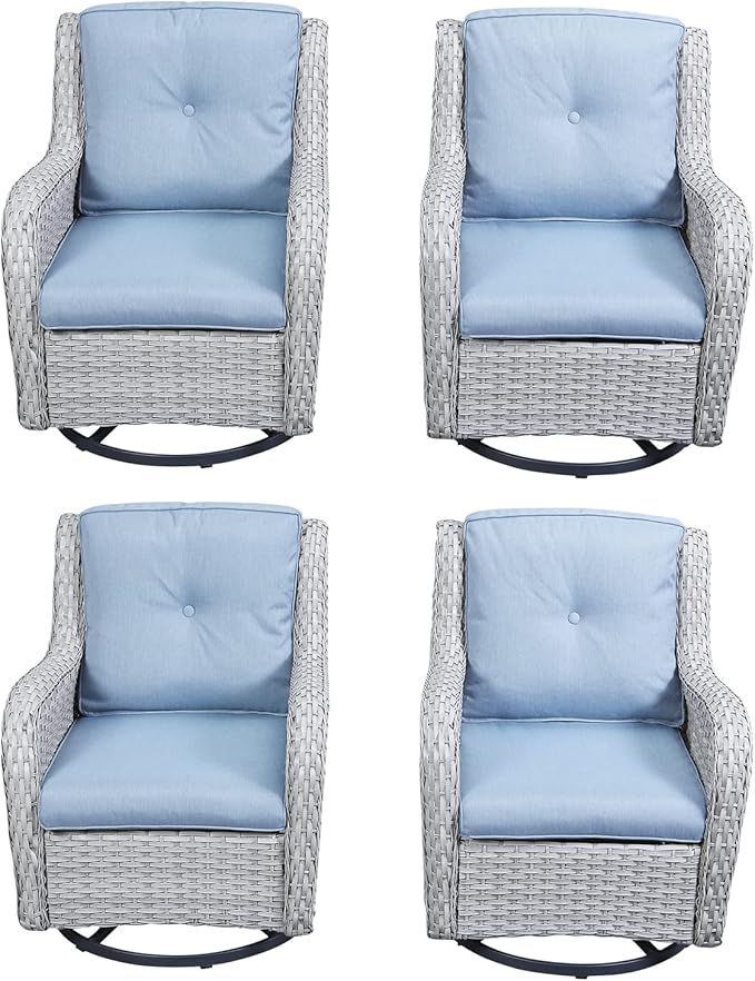 Rilyson Wicker Rocking Chair Swivel Chairs - 4 PC Rocker Patio Chairs Set Rattan Rocking Chair for Outdoor Porch Deck Garden Backyard(Light Grey/Sky Blue)