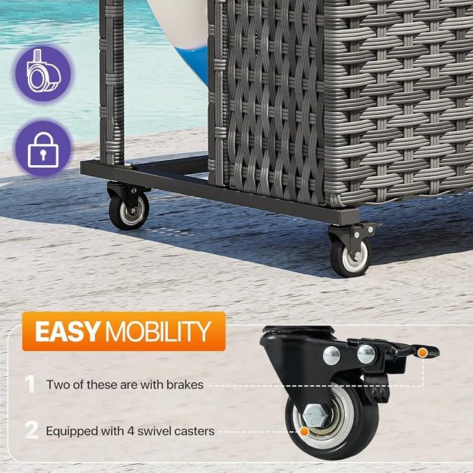 Poolside Deck Box, Poolside Storage Organizer With Pe Rattan Wicker Basket, For Floats & Accessories, Galvanized Frame With Locking Wheels