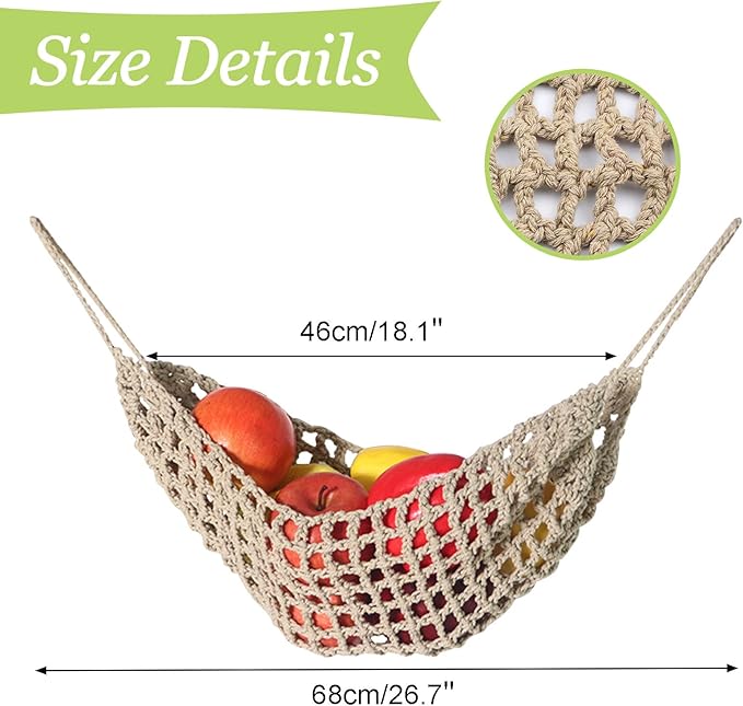 Fruit Vegetable Hammock, Handmade Macrame Fruit Hammock Cotton Fruit Holder Net Under Cabinet Fruit and Veggie Storage Space Saving Kitchen Decor with Hooks