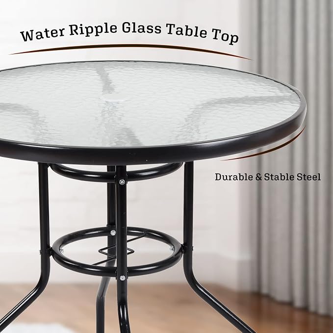 soges 31.5in Outdoor Patio Bistro Coffee Tea Table, Round Tempered Glass Steel Frame Dining Table with Umbrella Hole, All Weather Outside Desk for Garden Lawn Balcony Backyard, Black 30LHYW-OT05BK80