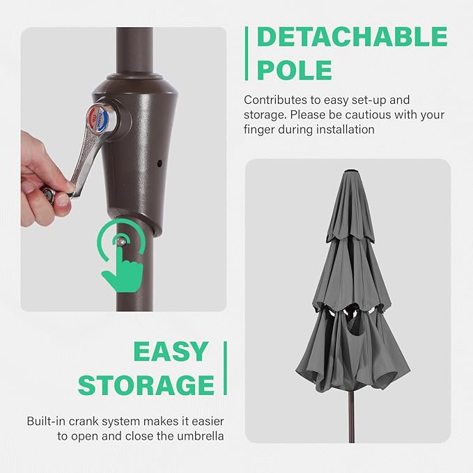 JEAREY 9FT 3 Tier Patio Umbrella Outdoor Market Umbrella Table Umbrellas with 8 Ribs 1.5 Pole Push Button Tilt and Crank UV Protection for Garden,Backyard,Gray
