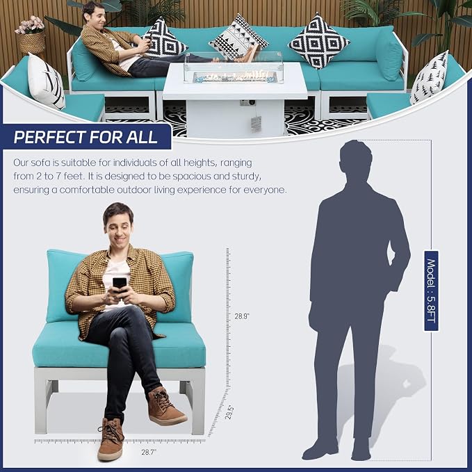 BULEXYARD 8 Person Modern Aluminum Outdoor Patio Furniture Set with Fireplace, 29 inch Wide Deep Seating, Fade Resistant L-Shaped Sectional Couch, Plus Size Conversation Set for Backyard Terrace, Teal