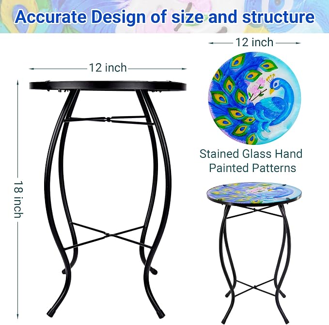 12 Inch Round Peacocks Glass Side Table, Patio Small Table, Outdoor Side Table, Outdoor Bar Table, Metal Glass End Table for Porch Garden Patio Pool Living Room