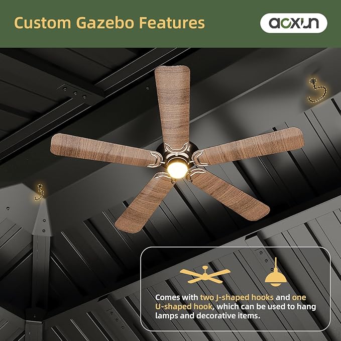 Aoxun 12’x16’ Hardtop Gazebo, Permanent Metal Pavilion with Galvanized Steel Double Roof, Outdoor Pergola with Nettings and Curtains for Lawn, Garden, Patio (Brown)