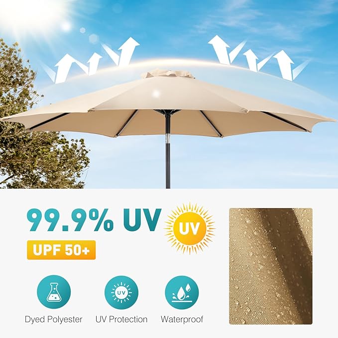 OLIXIS 9FT Patio Table Umbrella with Tilt and Crank Button & 8 Sturdy Ribs Waterproof, 9 Feet Outdoor Patio Umbrella Sun Shade for Pool, Terrace, Beach and Restaurant